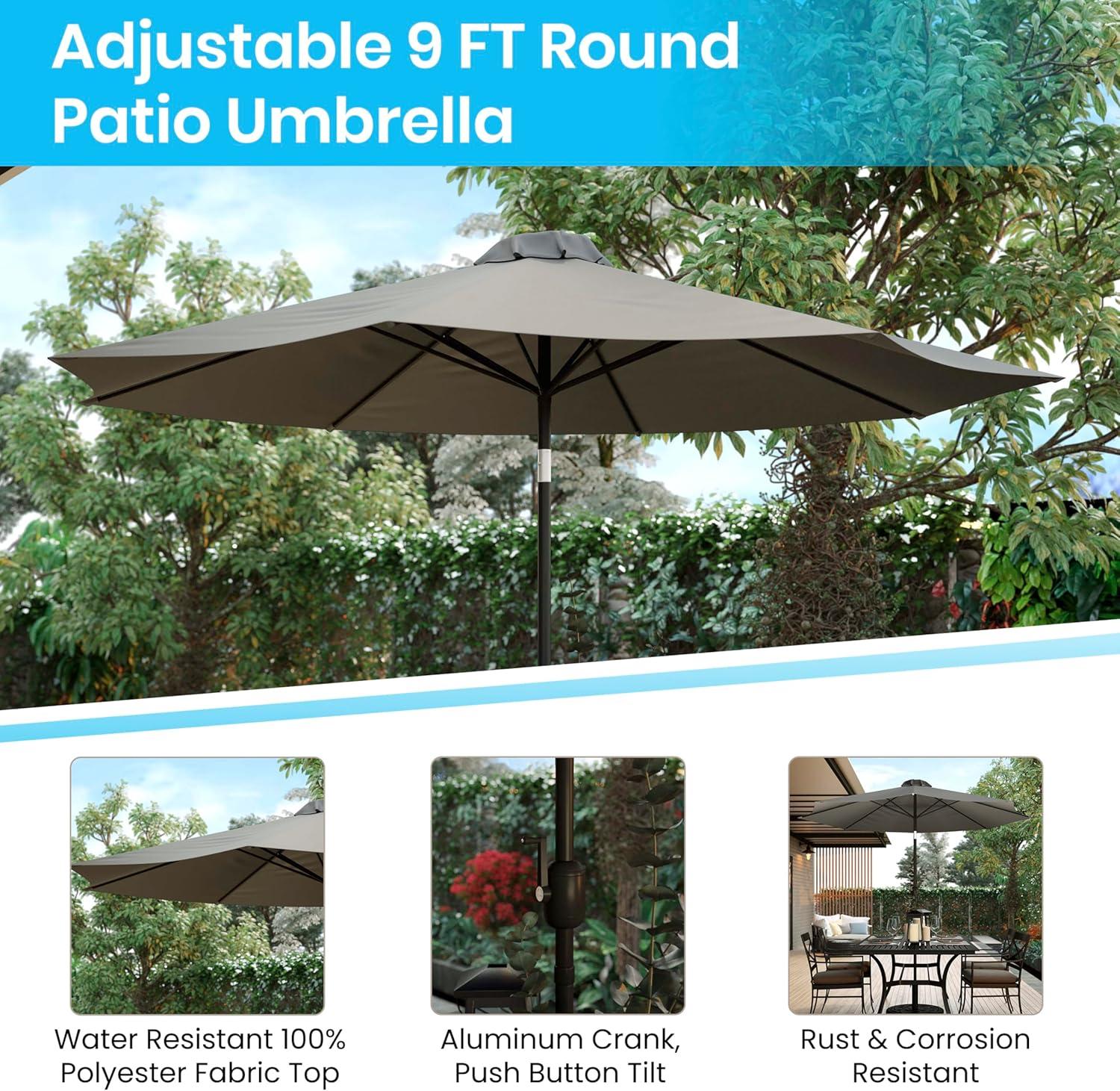 image:imageFlash Furniture Lark 7 Piece Outdoor Patio Dining Table Set 4 Synthetic Teak Stackable Chairs with Arms 35 Square Table Tan Umbrella with BaseGrey