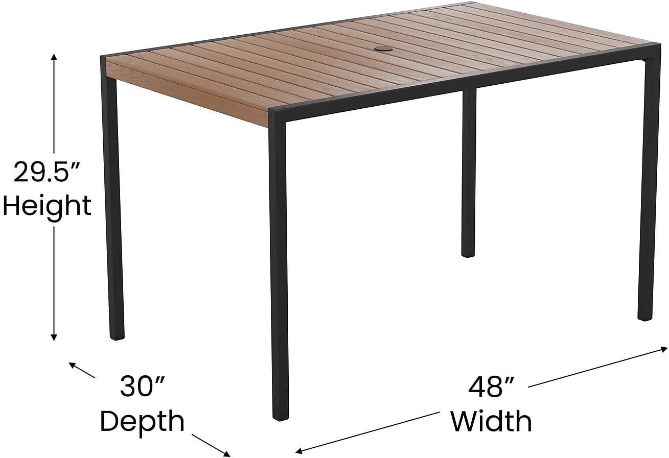 image:imageFlash Furniture Lark 7 Piece Patio Table Set 4 Synthetic Stackable Faux Teak Chairs 30 x 48 Faux Teak Table Red Umbrella with BaseRed