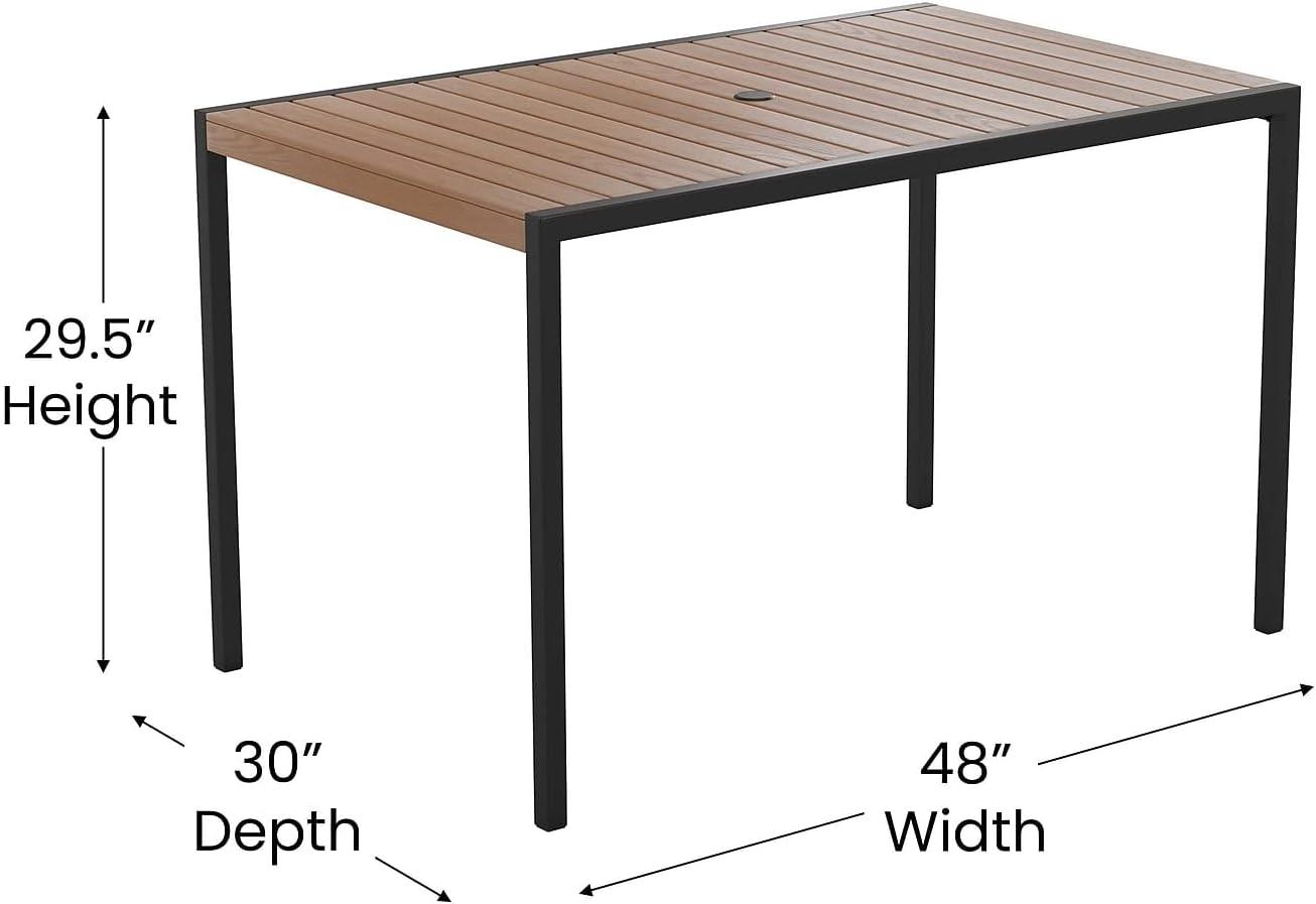 image:imageFlash Furniture Lark 7 Piece Patio Table Set 4 Synthetic Stackable Faux Teak Chairs 30 x 48 Faux Teak Table Red Umbrella with BaseTan