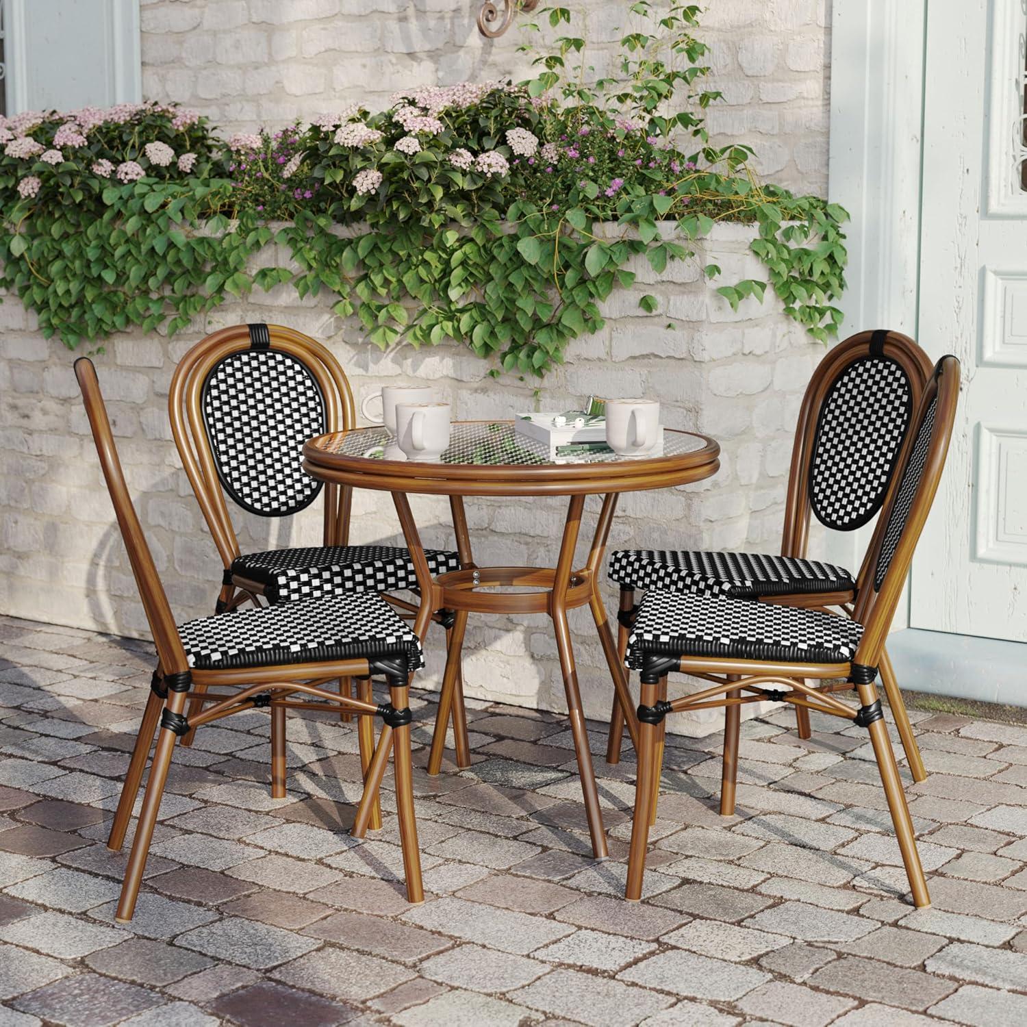image:imageFlash Furniture Lourdes IndoorOutdoor Commercial Bistro Set Tempered Glass Top Table 4 Chairs PE Rattan NAT Bamboo Print Aluminum Frame BlackWhite