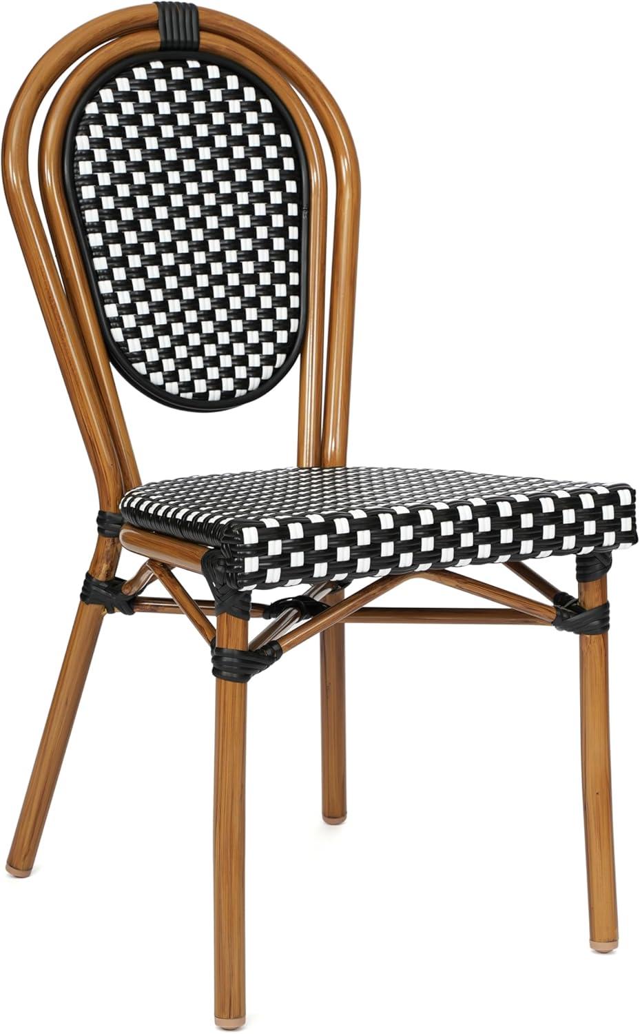 image:imageFlash Furniture Lourdes IndoorOutdoor Commercial Bistro Set Tempered Glass Top Table 4 Chairs PE Rattan NAT Bamboo Print Aluminum Frame BlackWhite