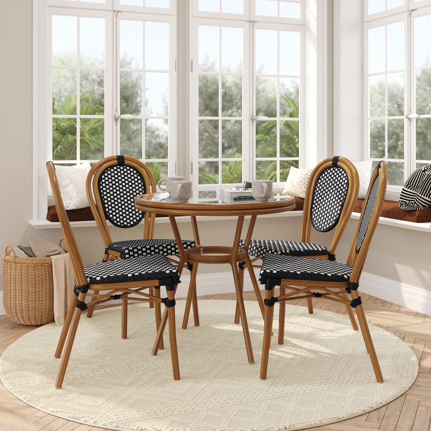 image:imageFlash Furniture Lourdes IndoorOutdoor Commercial Bistro Set Tempered Glass Top Table 4 Chairs PE Rattan NAT Bamboo Print Aluminum Frame BlackWhite