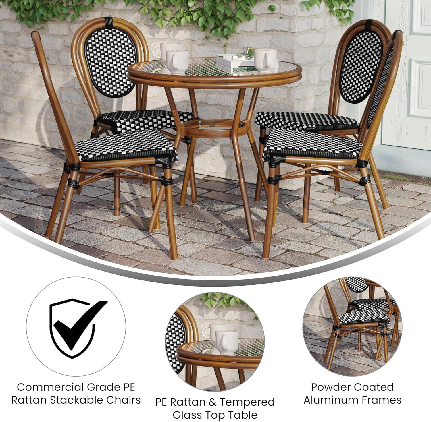 image:imageFlash Furniture Lourdes IndoorOutdoor Commercial Bistro Set Tempered Glass Top Table 4 Chairs PE Rattan NAT Bamboo Print Aluminum Frame BlackWhite