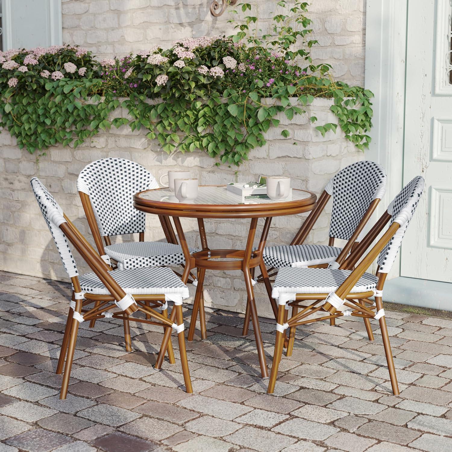 image:imageFlash Furniture Lourdes IndoorOutdoor Commercial French Bistro Set Tempered Glass Top Table 4 Chairs PE Rattan NAT Bamboo Print Aluminum Frame WhiteNavyWhite Navy RattanNatural Frame