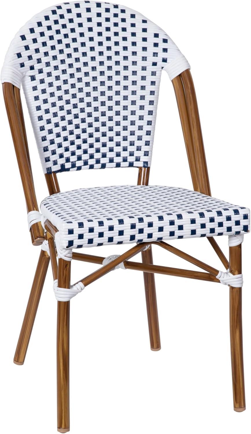 image:imageFlash Furniture Lourdes IndoorOutdoor Commercial French Bistro Set Tempered Glass Top Table 4 Chairs PE Rattan NAT Bamboo Print Aluminum Frame WhiteNavyWhite Navy RattanNatural Frame