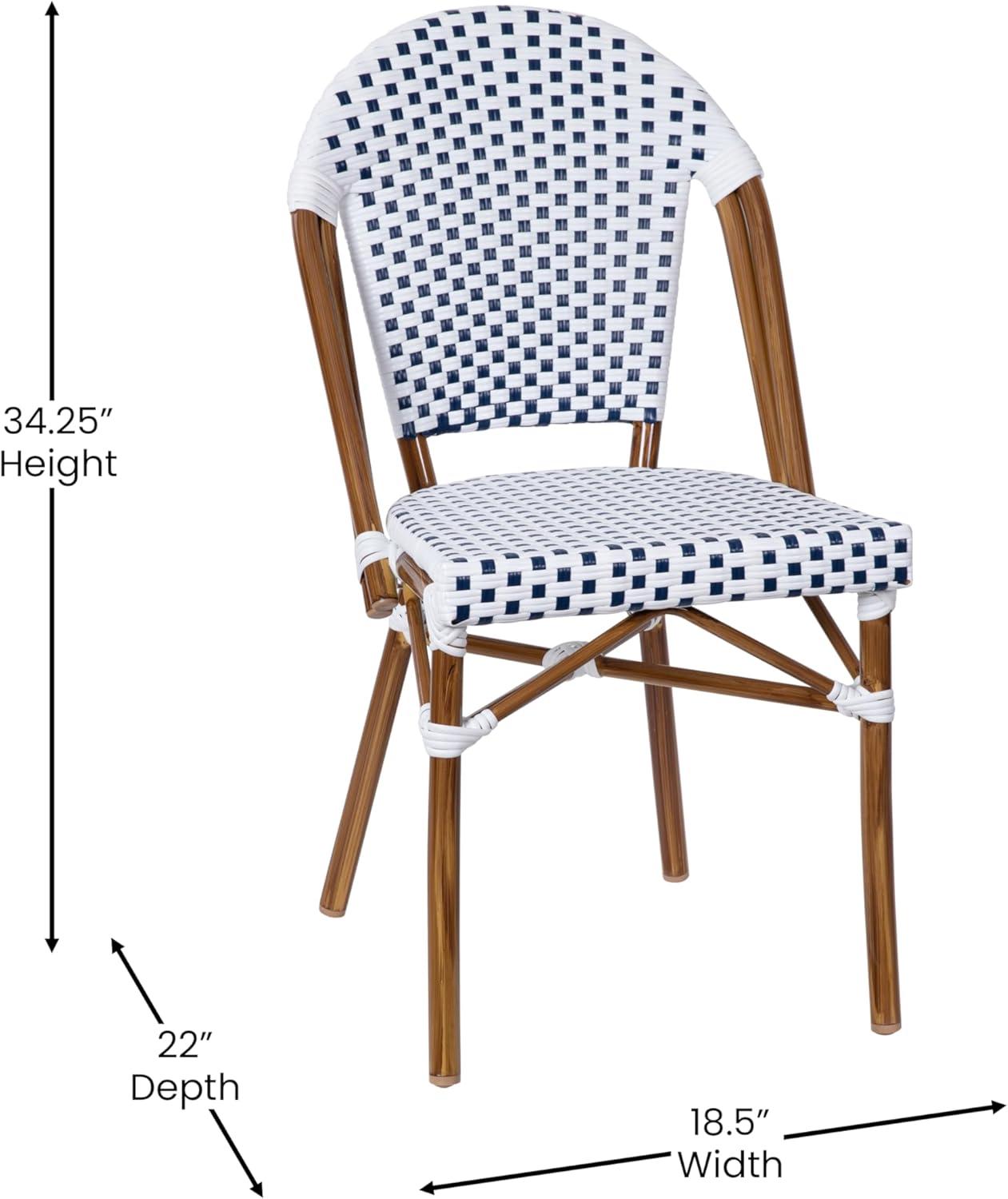 image:imageFlash Furniture Lourdes IndoorOutdoor Commercial French Bistro Set Tempered Glass Top Table 4 Chairs PE Rattan NAT Bamboo Print Aluminum Frame WhiteNavyWhite Navy RattanNatural Frame