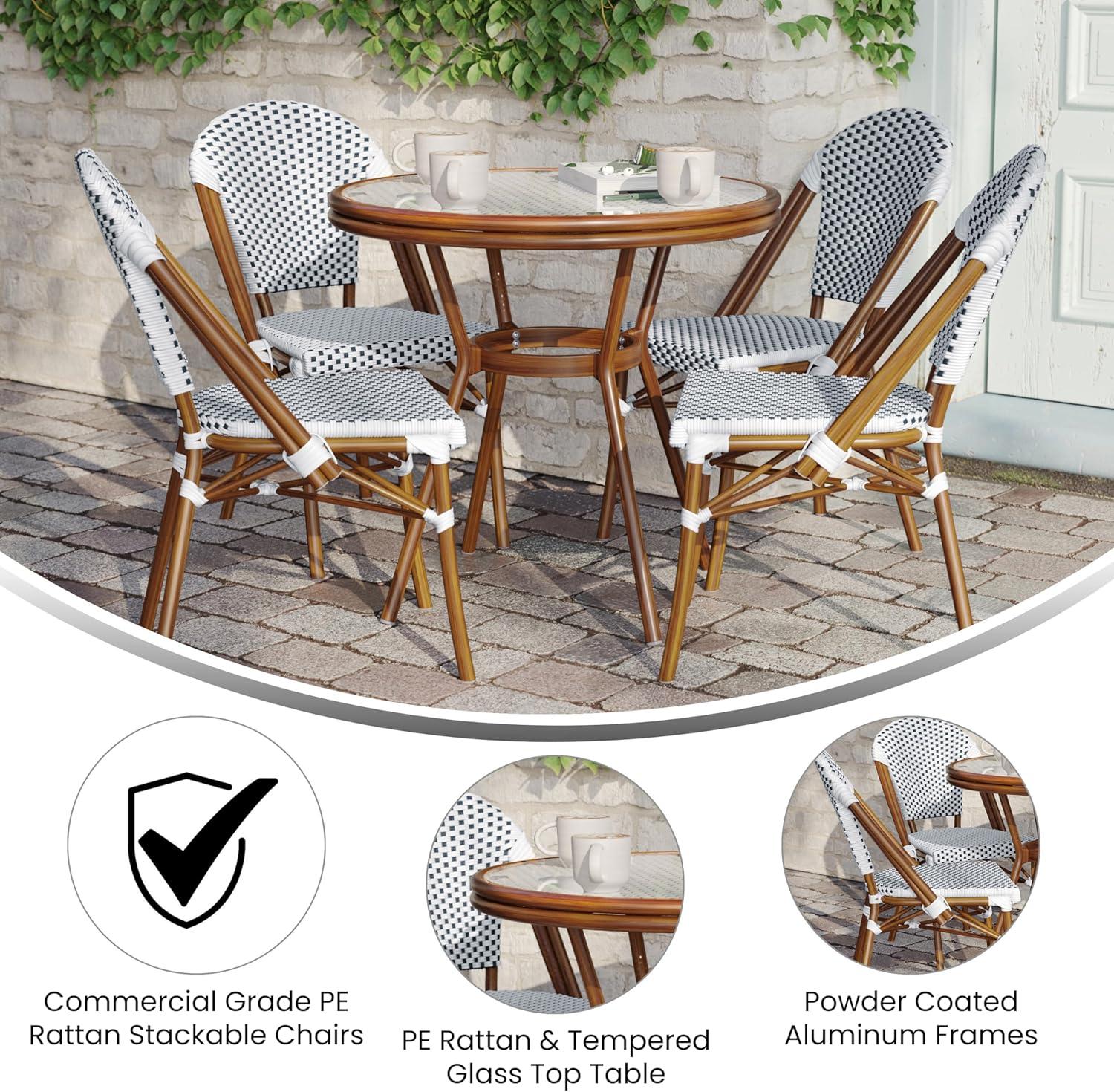 image:imageFlash Furniture Lourdes IndoorOutdoor Commercial French Bistro Set Tempered Glass Top Table 4 Chairs PE Rattan NAT Bamboo Print Aluminum Frame WhiteNavyWhite Navy RattanNatural Frame