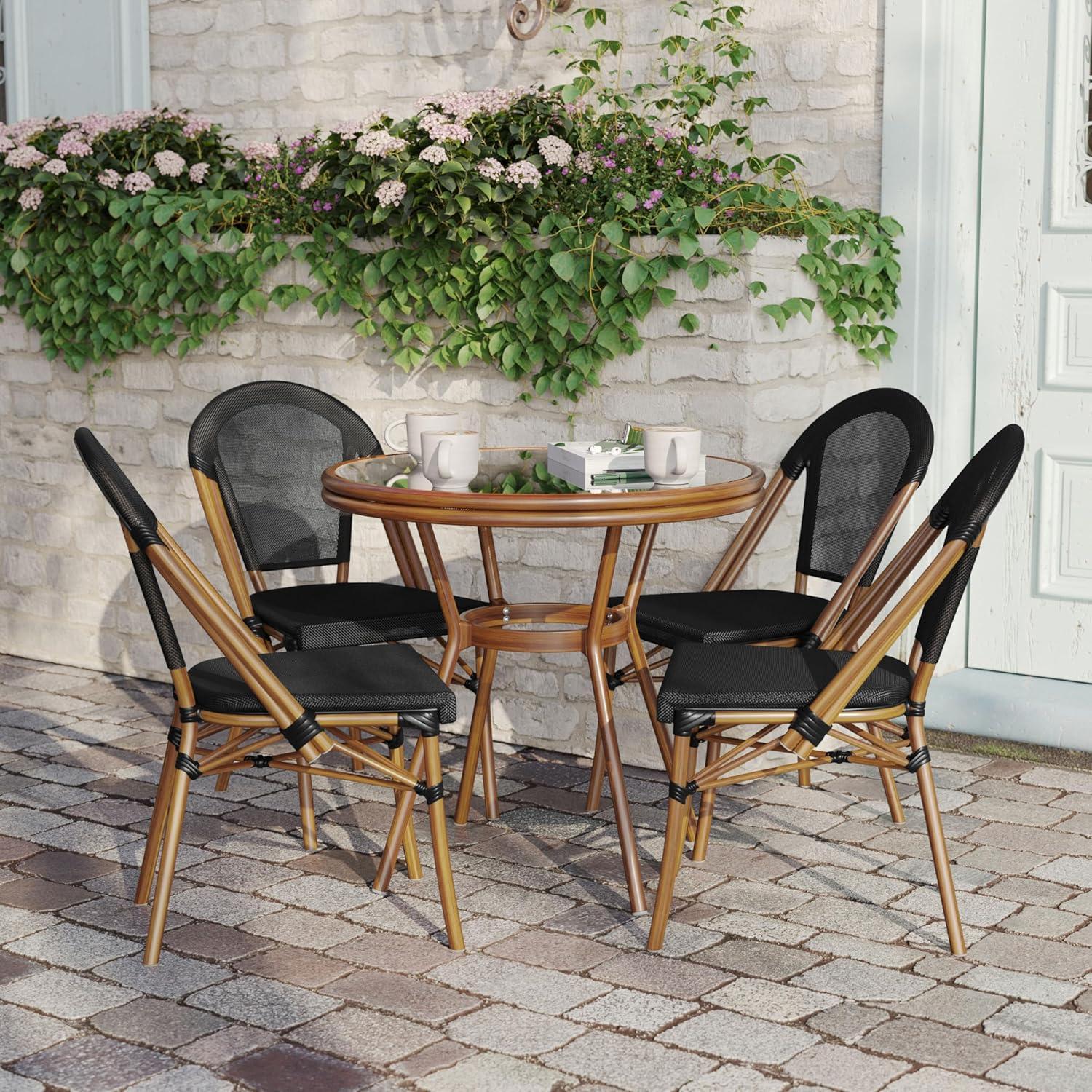 image:imageFlash Furniture Marseille IndoorOutdoor Commercial Bistro Set Tempered Glass Top Table 4 Chairs Textilene Lt NAT Bamboo Print Aluminum Frame BlkWhtBlack TextileneNatural Frame