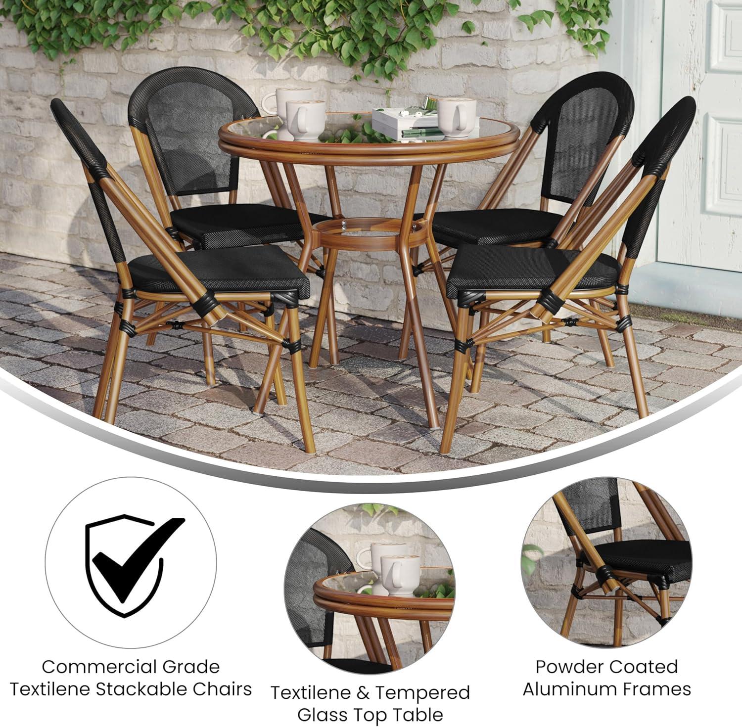 image:imageFlash Furniture Marseille IndoorOutdoor Commercial Bistro Set Tempered Glass Top Table 4 Chairs Textilene Lt NAT Bamboo Print Aluminum Frame BlkWhtBlack TextileneNatural Frame