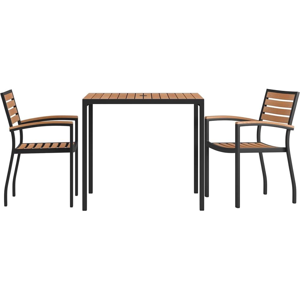 image:imageFlash Furniture 3 Piece Outdoor Dining Table Set Synthetic Teak Poly Slats 35 Square Steel Framed Table with Umbrella Holder Hole 2 Stackable Club Chairs