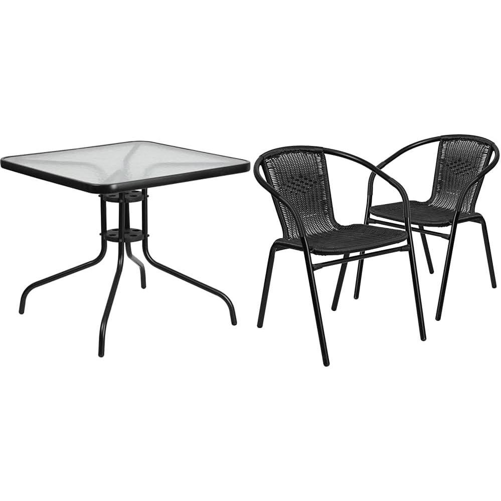 image:imageFlash Furniture 315 Glass Metal Table and 2 Black Rattan Bistro Chairs PatioRestaurant Stackable Dining Set