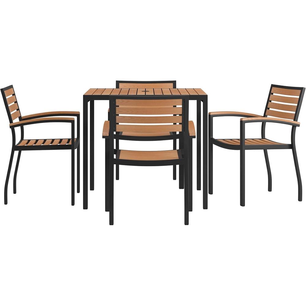 image:imageFlash Furniture 5 Piece Outdoor Dining Table Set  Synthetic Teak Poly Slats  35 Square Steel Framed Table with Umbrella Holder Hole  4 Stackable Club Chairs