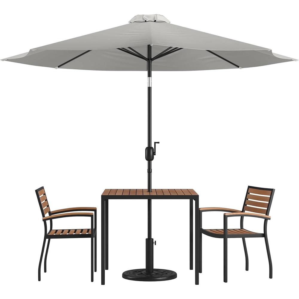 image:imageFlash Furniture 5 Piece Outdoor Patio Dining Table Set  2 Synthetic Teak Stackable Chairs with Arms  35 Square Table  Gray Umbrella with BaseGrey