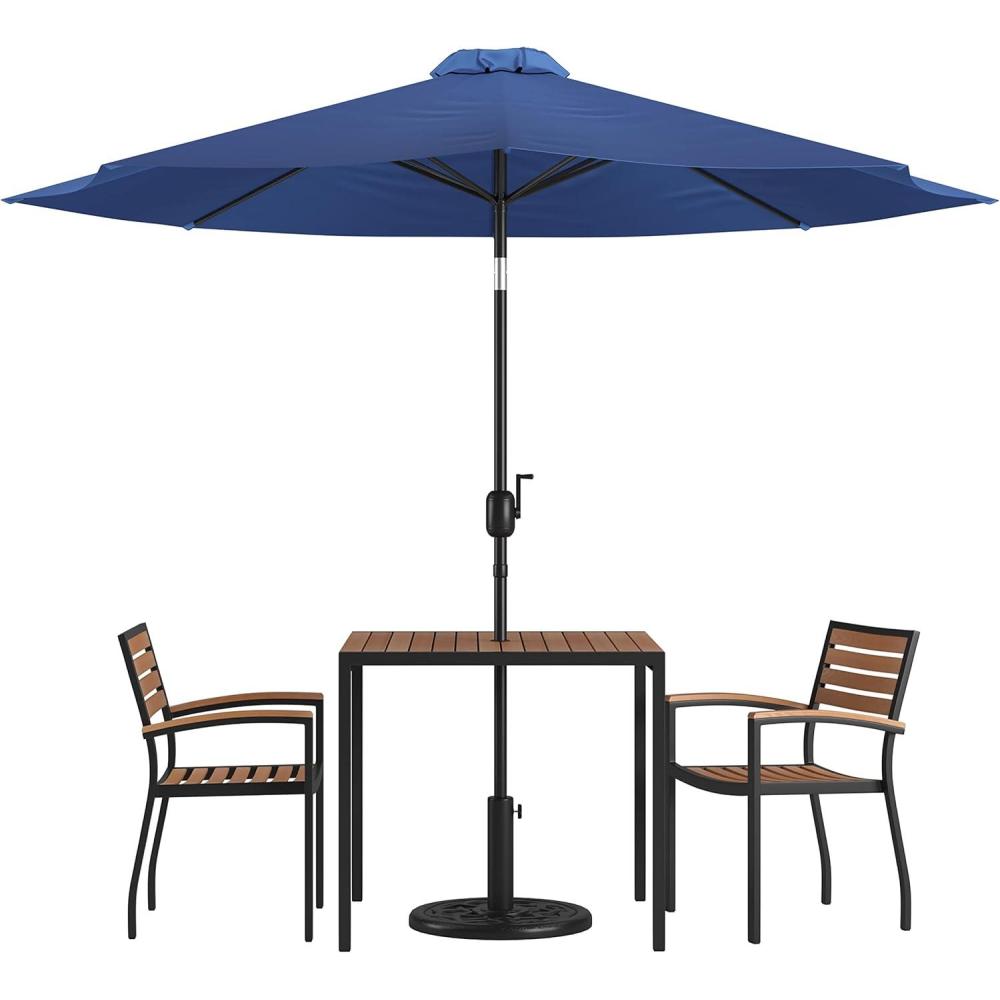 image:imageFlash Furniture 5 Piece Outdoor Patio Dining Table Set 2 Synthetic Teak Stackable Chairs with Arms 35 Square Table Gray Umbrella with BaseNavy