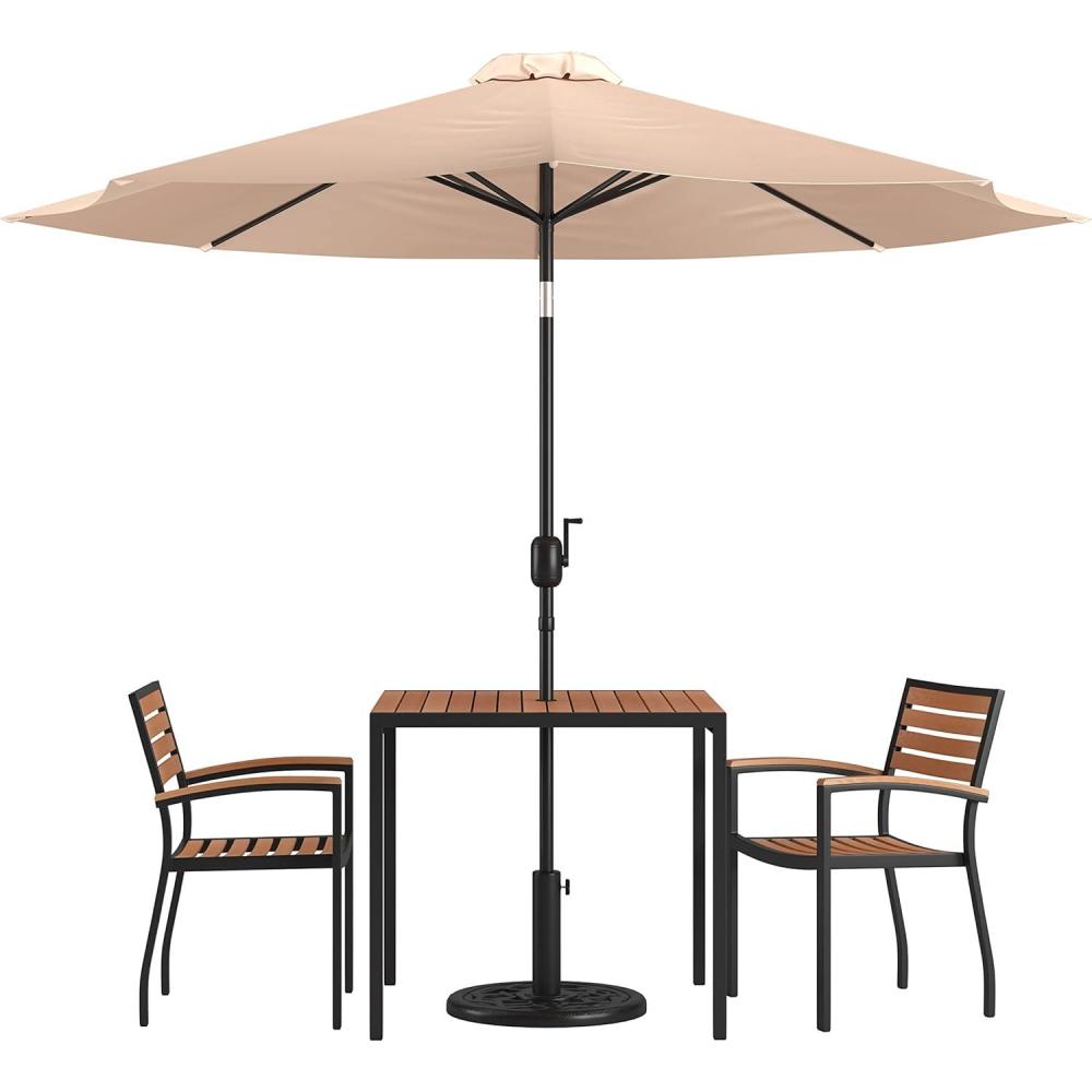 image:imageFlash Furniture 5 Piece Outdoor Patio Dining Table Set 2 Synthetic Teak Stackable Chairs with Arms 35 Square Table Gray Umbrella with BaseTan