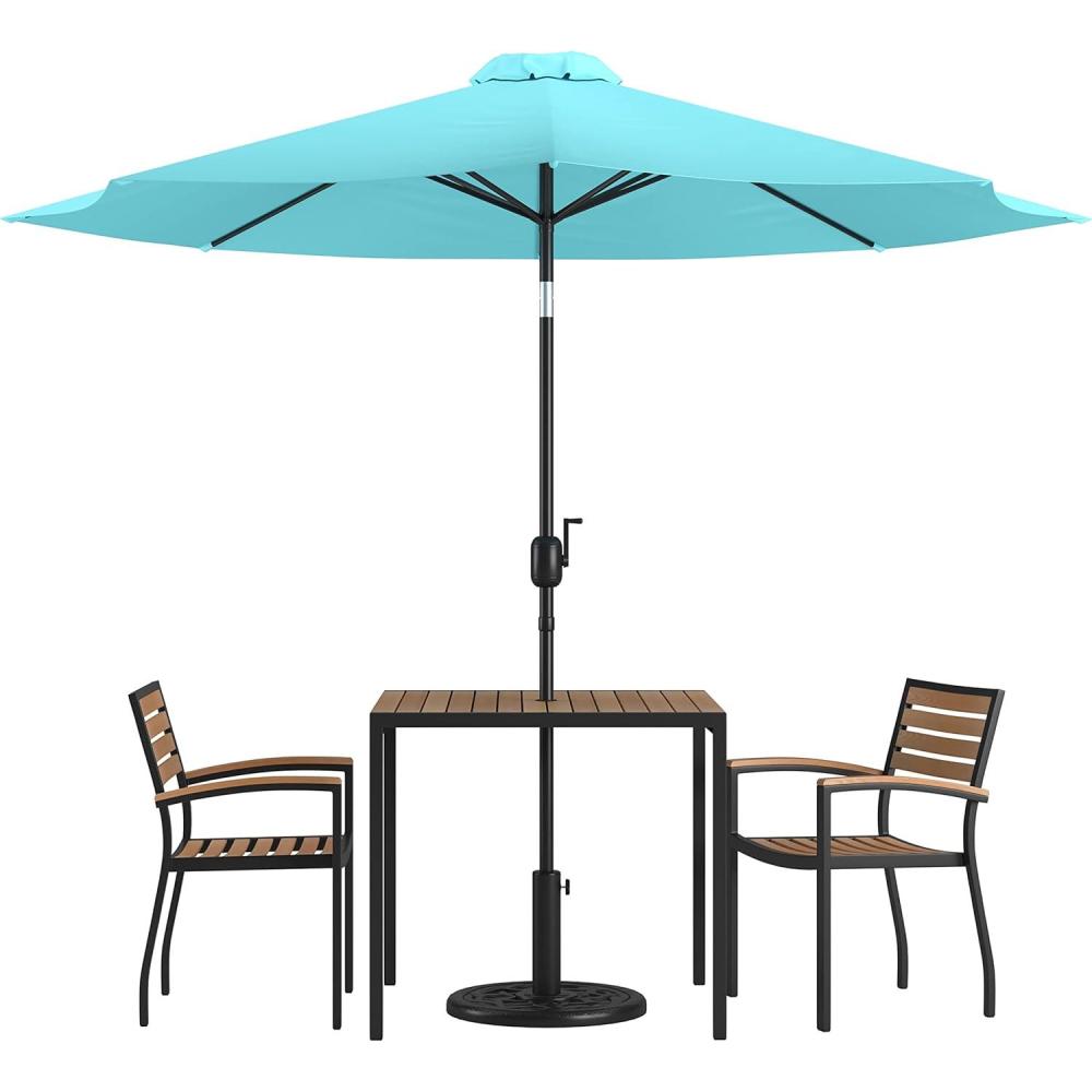 image:imageFlash Furniture 5 Piece Outdoor Patio Dining Table Set 2 Synthetic Teak Stackable Chairs with Arms 35 Square Table Gray Umbrella with BaseTeal