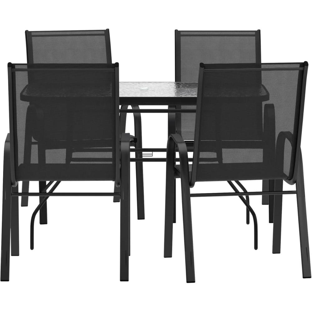image:imageFlash Furniture Brazos Commercial Outdoor Dining Set 47 Tempered Glass Patio Table with Umbrella Hole 4 Stack Chairs with Flex Comfort Seats and Backs NavyBlackBlack