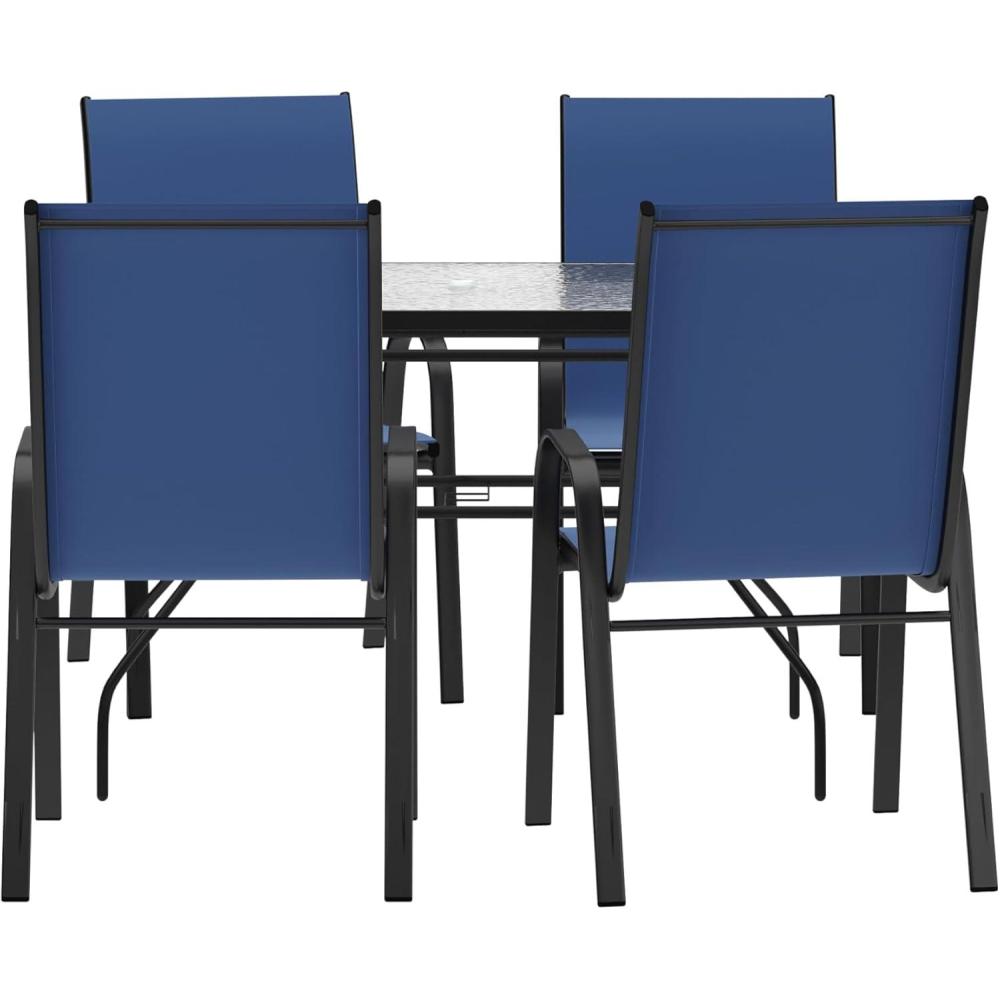 image:imageFlash Furniture Brazos Commercial Outdoor Dining Set 47 Tempered Glass Patio Table with Umbrella Hole 4 Stack Chairs with Flex Comfort Seats and Backs NavyBlackNavy
