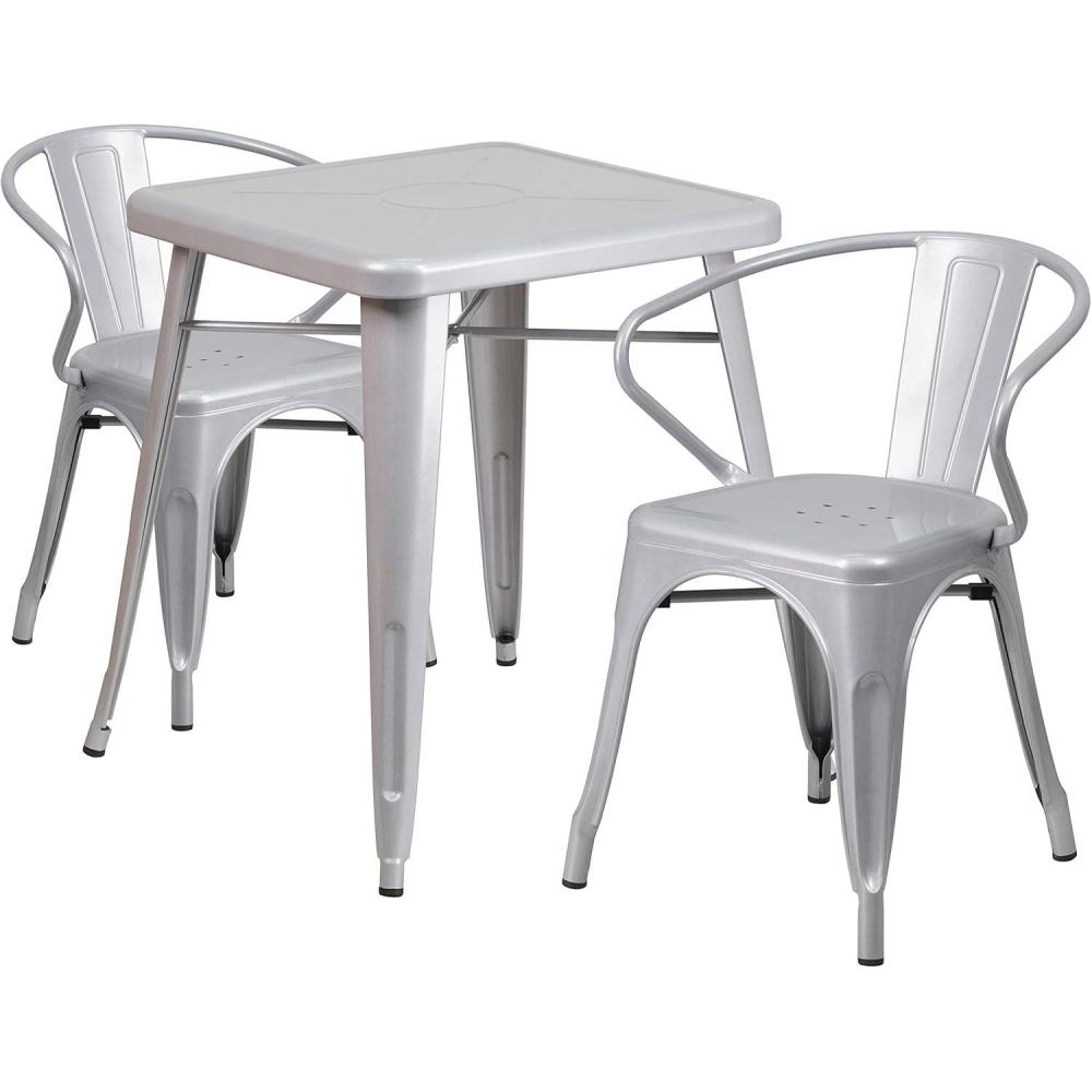 image:imageFlash Furniture Commercial Grade 2375 Square BlackAntique Gold Metal IndoorOutdoor Table Set with 2 Arm ChairsSilver