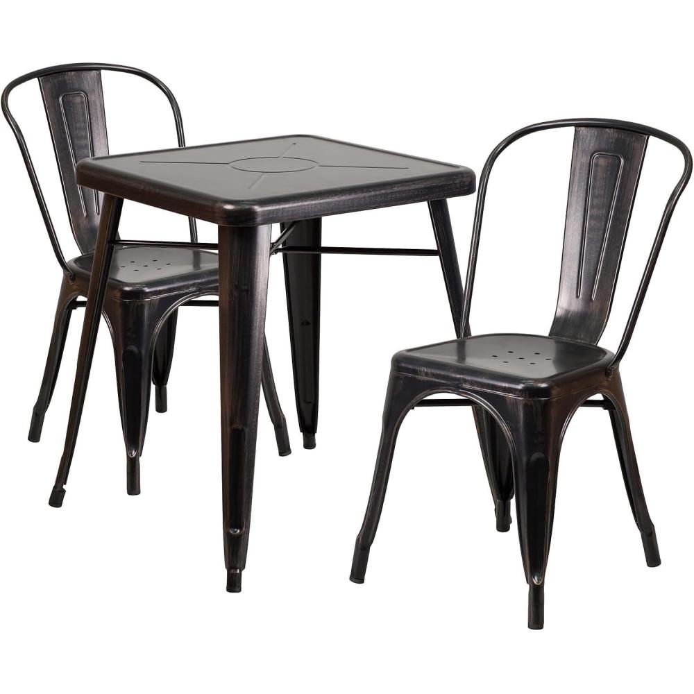 image:imageFlash Furniture Commercial Grade 2375 Square BlackAntique Gold Metal IndoorOutdoor Table Set with 2 Stack ChairsBlackantique Gold
