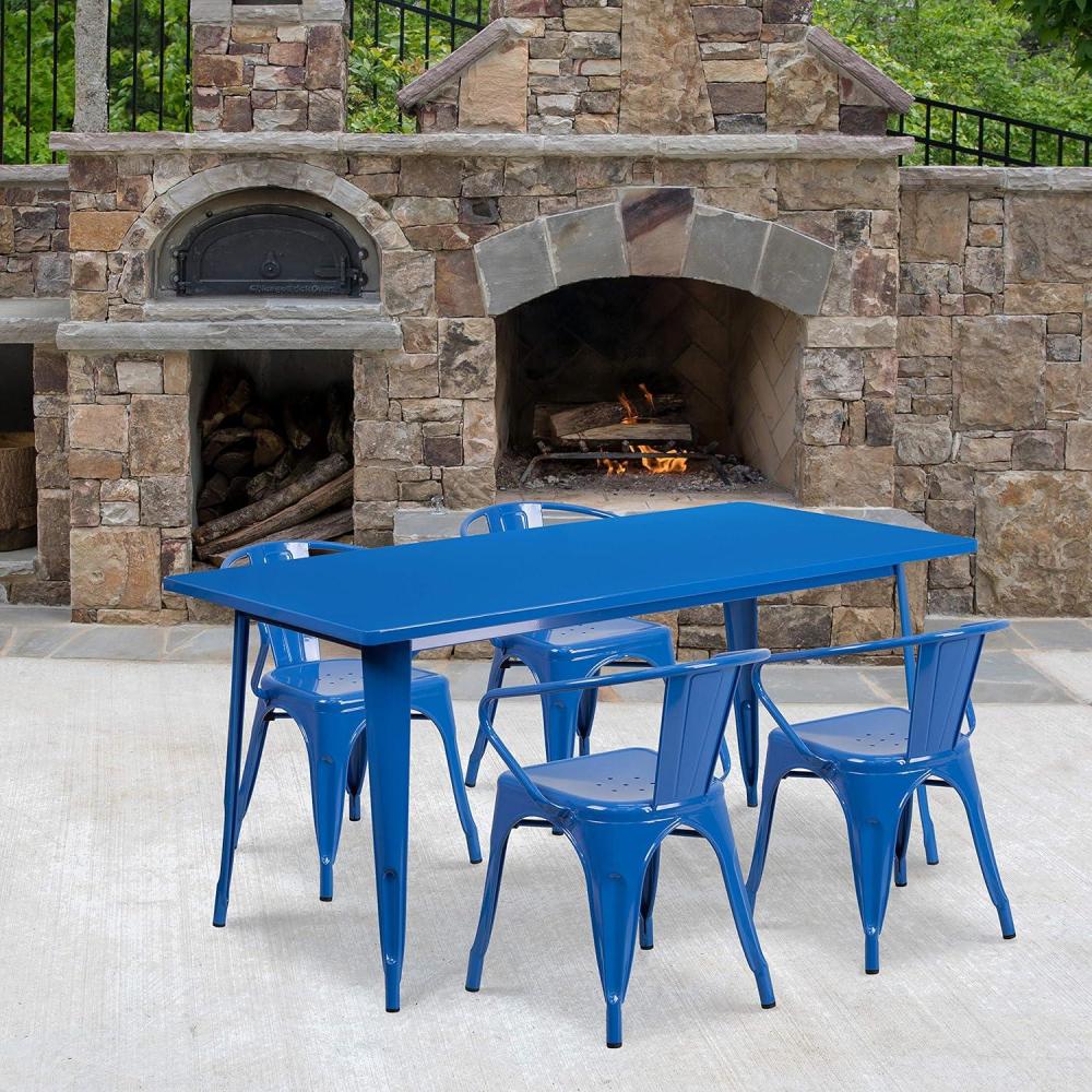 image:imageFlash Furniture Commercial Grade 315 x 63 Rectangular Black Metal IndoorOutdoor Table Set with 4 Arm ChairsBlue