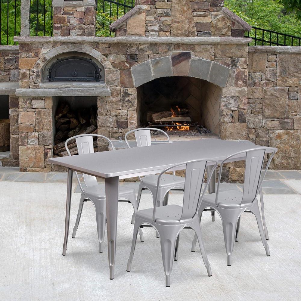 image:imageFlash Furniture Commercial Grade 315 x 63 Rectangular Silver Metal IndoorOutdoor Table Set with 4 Stack ChairsSilver