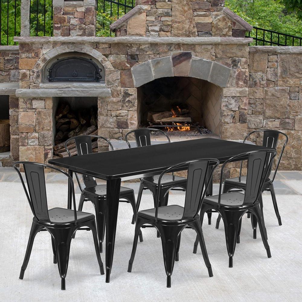 image:imageFlash Furniture Commercial Grade 315 x 63 Rectangular White Metal IndoorOutdoor Table Set with 6 Stack ChairsBlack