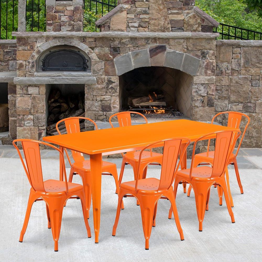 image:imageFlash Furniture Commercial Grade 315 x 63 Rectangular White Metal IndoorOutdoor Table Set with 6 Stack ChairsOrange