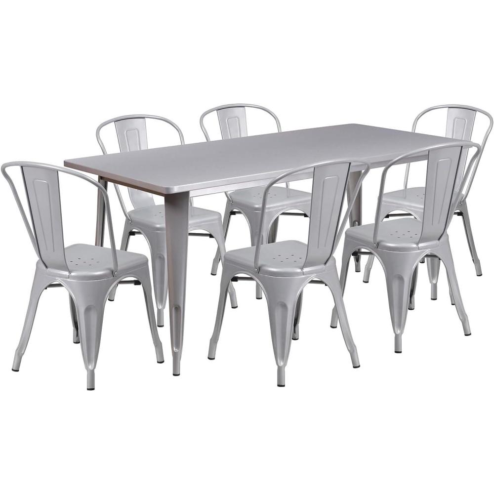 image:imageFlash Furniture Commercial Grade 315 x 63 Rectangular White Metal IndoorOutdoor Table Set with 6 Stack ChairsSilver
