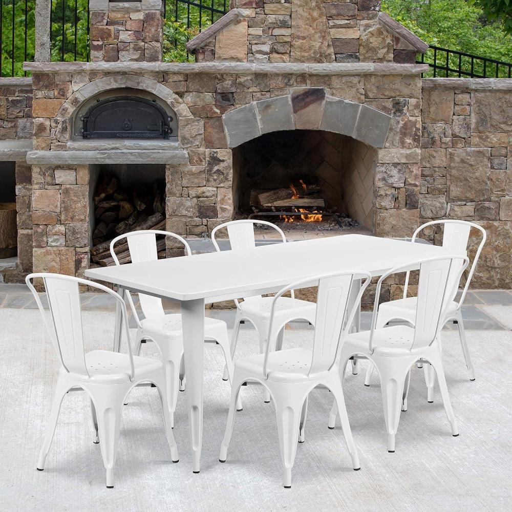 image:imageFlash Furniture Commercial Grade 315 x 63 Rectangular White Metal IndoorOutdoor Table Set with 6 Stack ChairsWhite