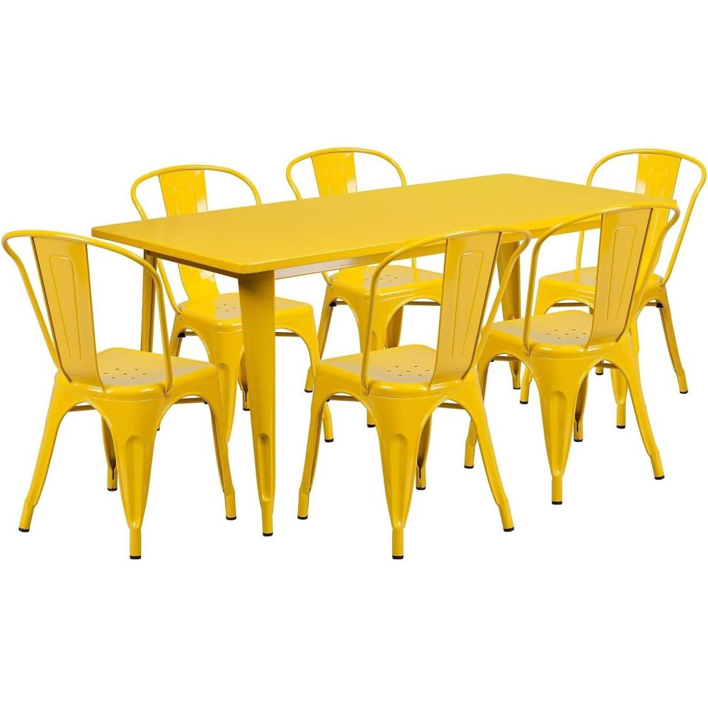 image:imageFlash Furniture Commercial Grade 315 x 63 Rectangular White Metal IndoorOutdoor Table Set with 6 Stack ChairsYellow