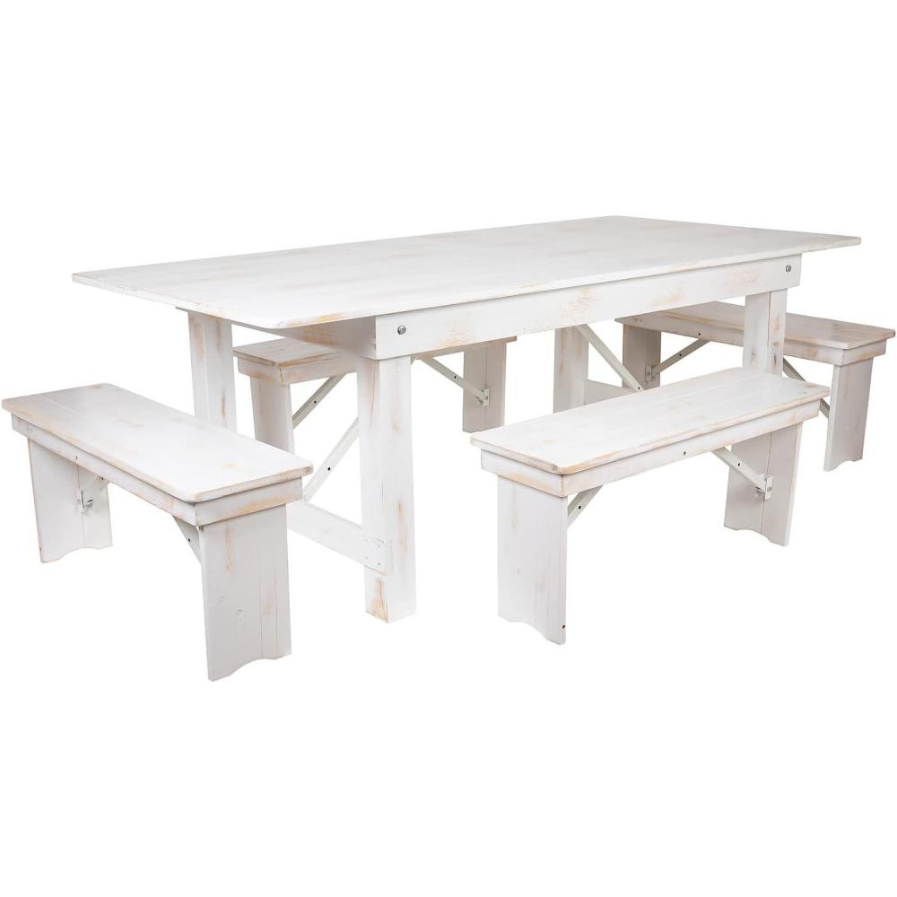 image:imageFlash Furniture HERCULES Series 7 x 40 Antique Rustic Folding Farm Table and Four Bench SetAntique Rustic White