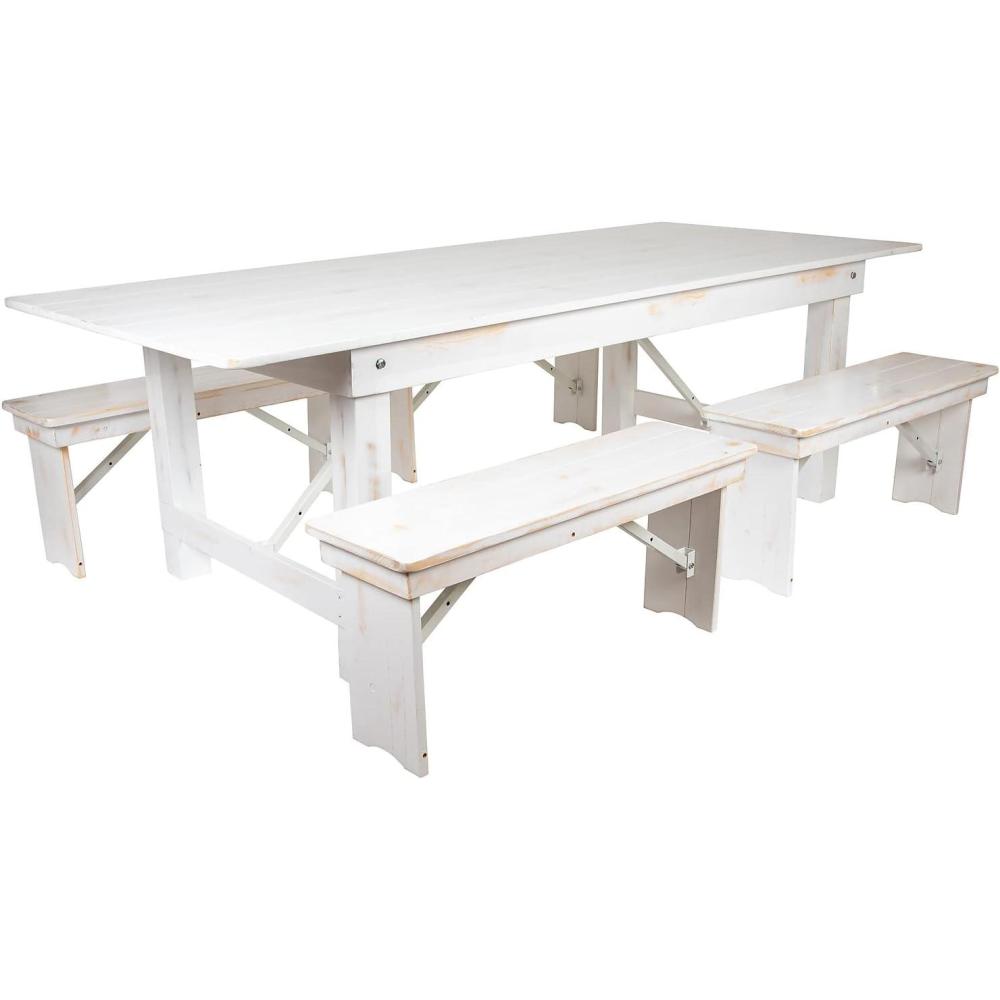 image:imageFlash Furniture HERCULES Series 8 x 40 Antique Rustic Folding Farm Table and Four 4025L Bench SetAntique Rustic White