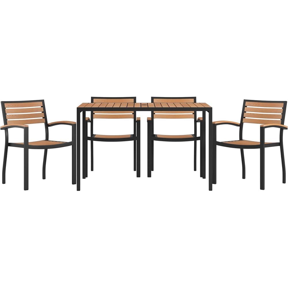 image:imageFlash Furniture Lark 5 Piece Outdoor Dining Table Set Synthetic Teak Poly Slats 30 x 48 Steel Framed Table with Umbrella Holder Hole 4 Stackable Club Chairs