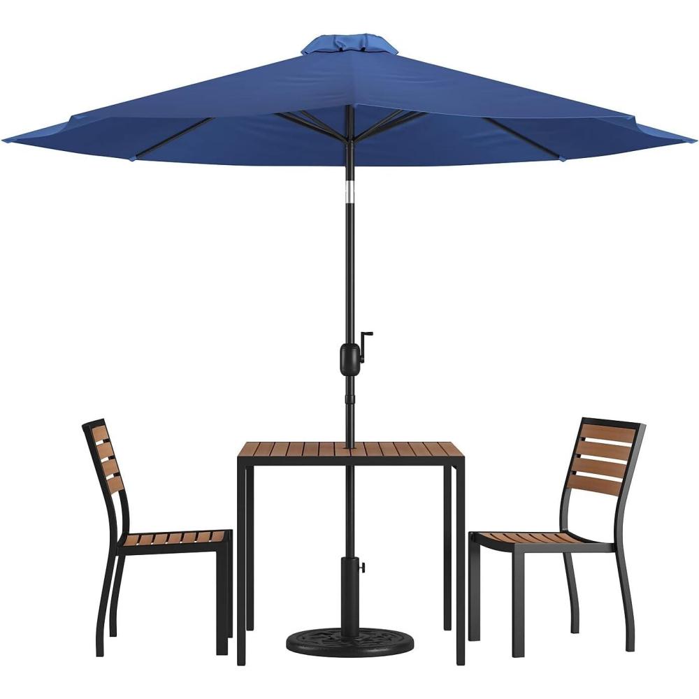image:imageFlash Furniture Lark 5 Piece Patio Table Set  2 Synthetic Stackable Faux Teak Chairs  35 Square Faux Teak Table  Tan Umbrella with BaseNavy