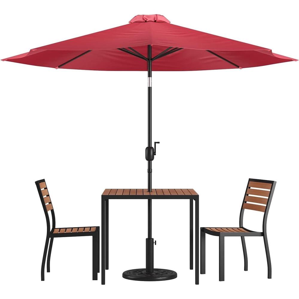 image:imageFlash Furniture Lark 5 Piece Patio Table Set 2 Synthetic Stackable Faux Teak Chairs 35 Square Faux Teak Table Tan Umbrella with BaseRed