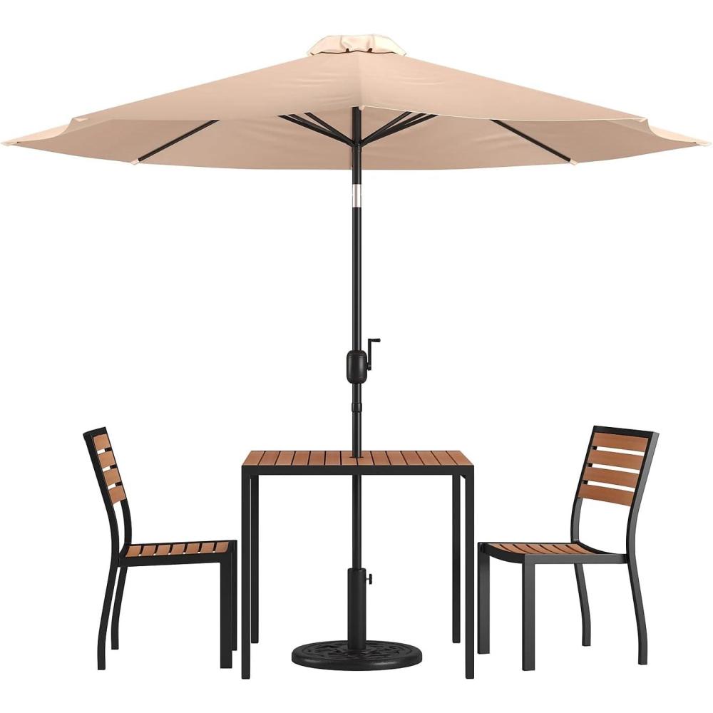 image:imageFlash Furniture Lark 5 Piece Patio Table Set 2 Synthetic Stackable Faux Teak Chairs 35 Square Faux Teak Table Tan Umbrella with BaseTan