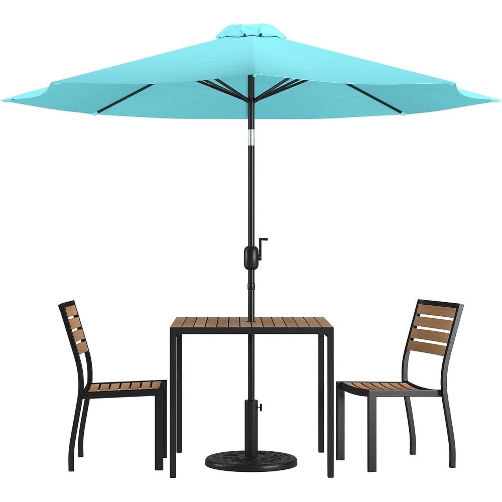 image:imageFlash Furniture Lark 5 Piece Patio Table Set 2 Synthetic Stackable Faux Teak Chairs 35 Square Faux Teak Table Tan Umbrella with BaseTeal