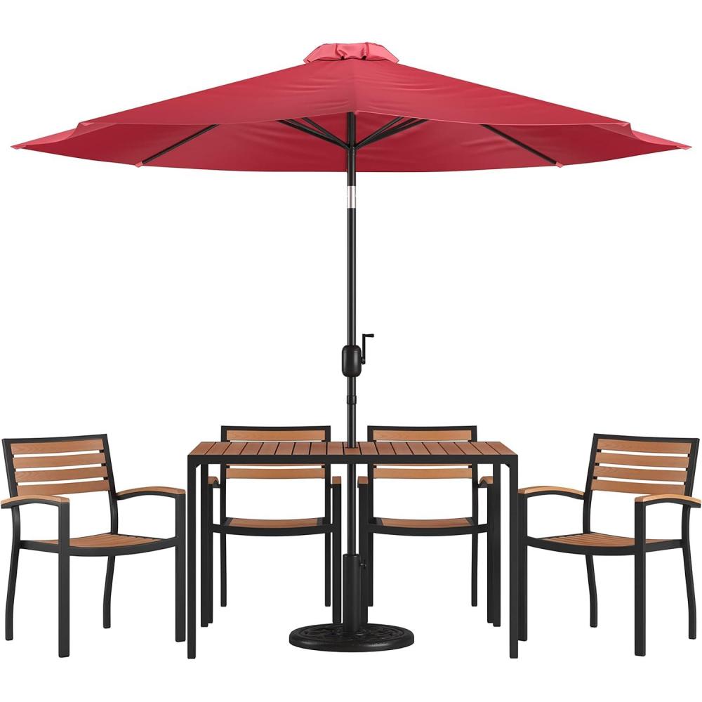 image:imageFlash Furniture Lark 7 Piece Outdoor Patio Dining Table Set 4 Synthetic Teak Stackable Chairs with Arms 30 x 48 Table Tan Umbrella with BaseRed