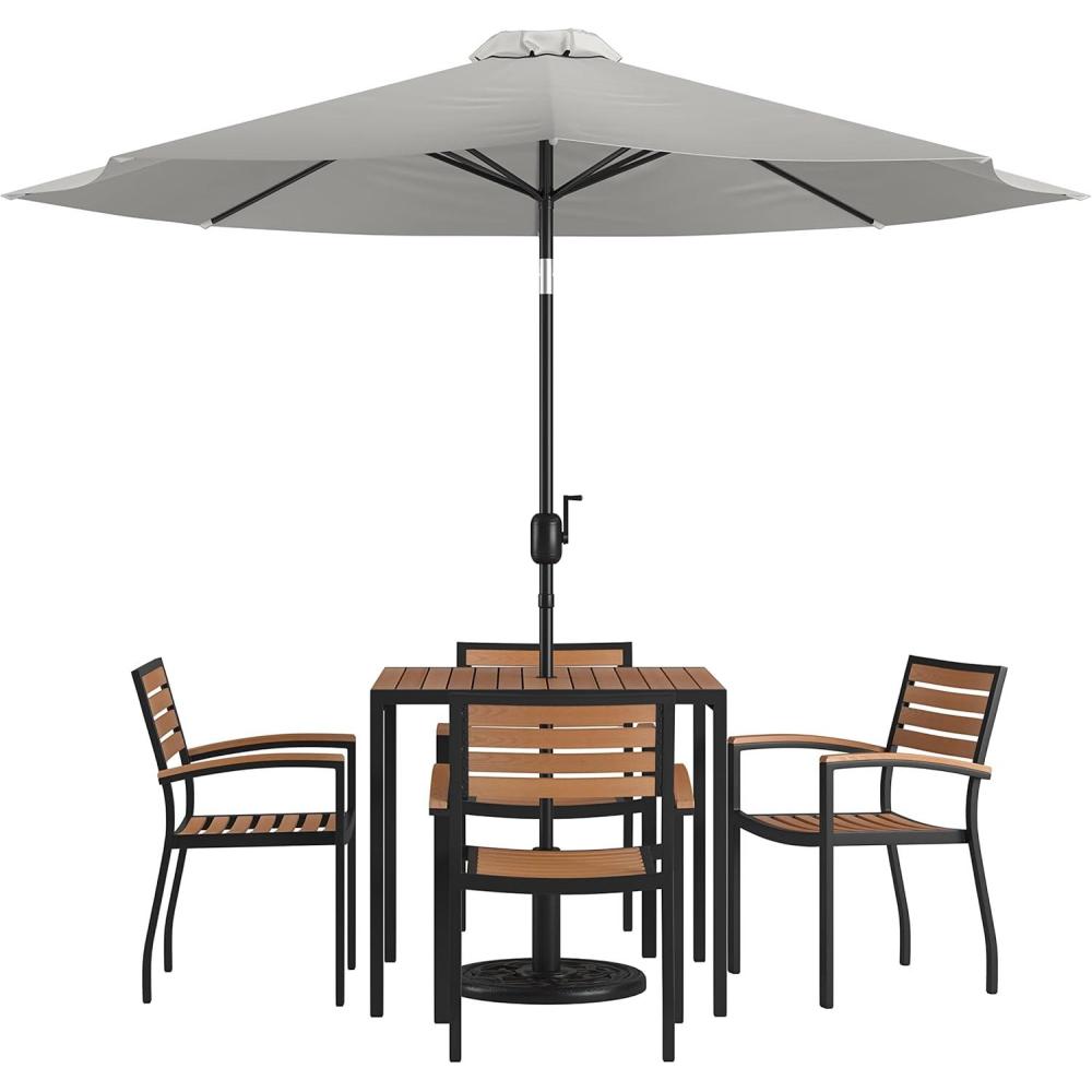 image:imageFlash Furniture Lark 7 Piece Outdoor Patio Dining Table Set 4 Synthetic Teak Stackable Chairs with Arms 35 Square Table Tan Umbrella with BaseGrey
