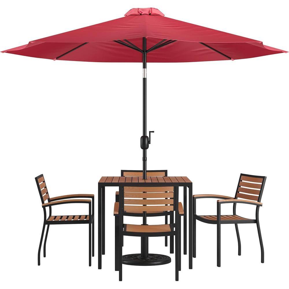 image:imageFlash Furniture Lark 7 Piece Outdoor Patio Dining Table Set 4 Synthetic Teak Stackable Chairs with Arms 35 Square Table Tan Umbrella with BaseRed