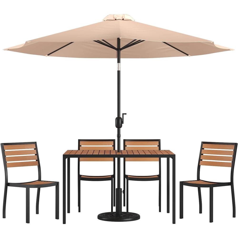 image:imageFlash Furniture Lark 7 Piece Patio Table Set 4 Synthetic Stackable Faux Teak Chairs 30 x 48 Faux Teak Table Red Umbrella with BaseTan
