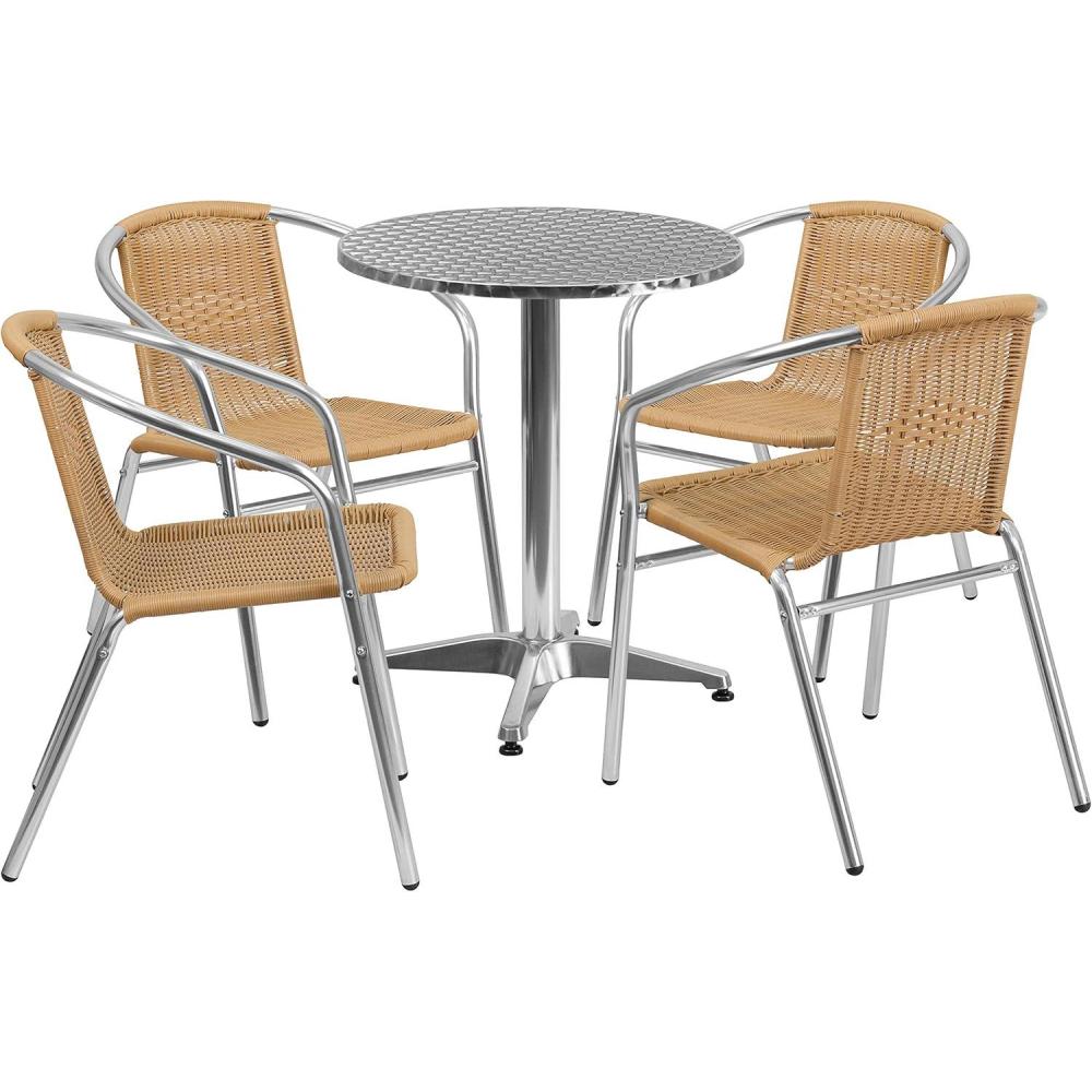 image:imageFlash Furniture Lila 235 Round Aluminum IndoorOutdoor Table Set with 4 Dark Brown Rattan ChairsBeige