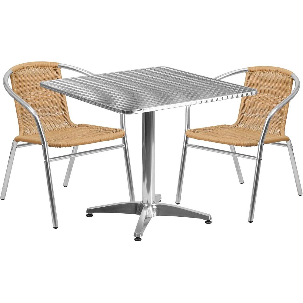 image:imageFlash Furniture Lila 315 Square Aluminum IndoorOutdoor Table Set with 2 Black Rattan ChairsBeige