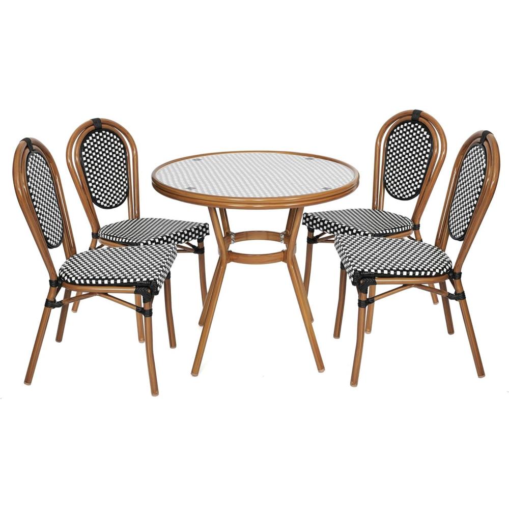 image:imageFlash Furniture Lourdes IndoorOutdoor Commercial Bistro Set Tempered Glass Top Table 4 Chairs PE Rattan NAT Bamboo Print Aluminum Frame BlackWhite