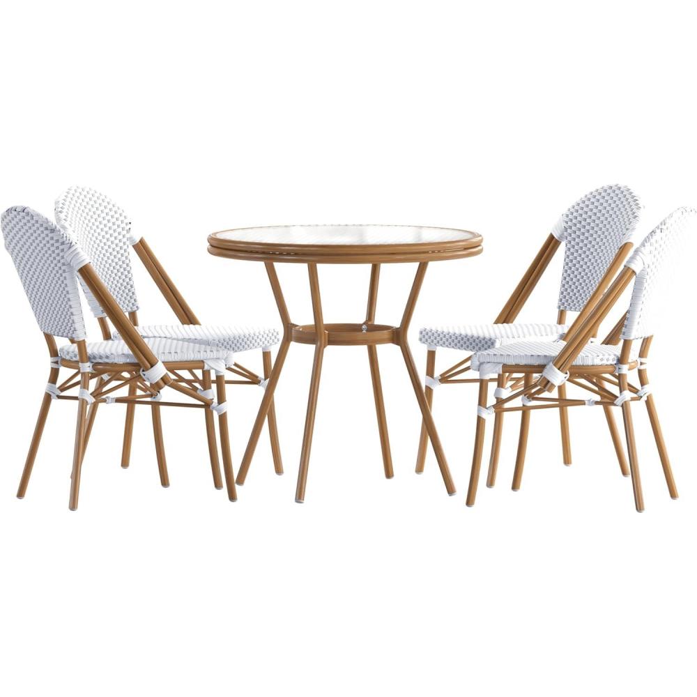 image:imageFlash Furniture Lourdes IndoorOutdoor Commercial French Bistro Set  Tempered Glass Top Table  4 Chairs  PE Rattan  NAT Bamboo Print Aluminum Frame  WhiteNavyWhite  Gray RattanNatural Frame
