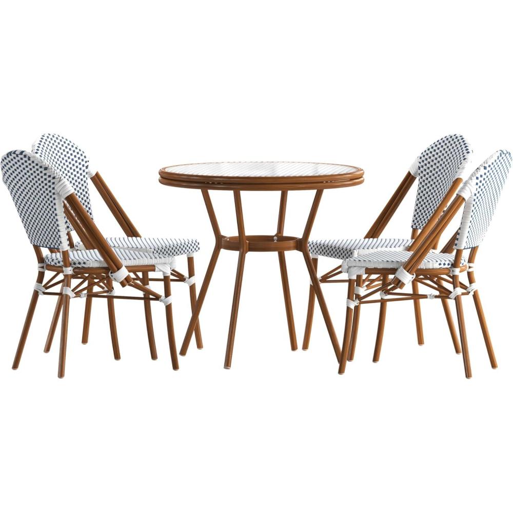 image:imageFlash Furniture Lourdes IndoorOutdoor Commercial French Bistro Set  Tempered Glass Top Table  4 Chairs  PE Rattan  NAT Bamboo Print Aluminum Frame  WhiteNavyWhite  Navy RattanNatural Frame