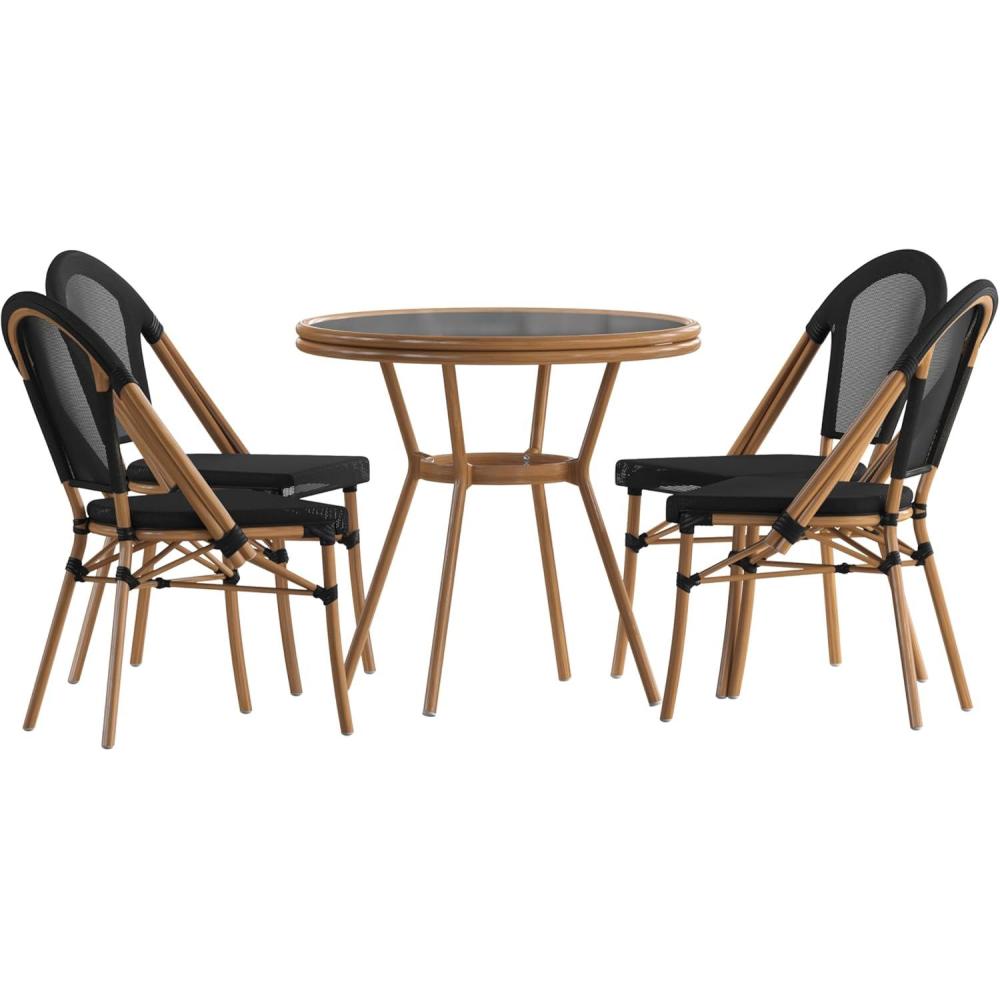 image:imageFlash Furniture Marseille IndoorOutdoor Commercial Bistro Set Tempered Glass Top Table 4 Chairs Textilene Lt NAT Bamboo Print Aluminum Frame BlkWhtBlack TextileneNatural Frame