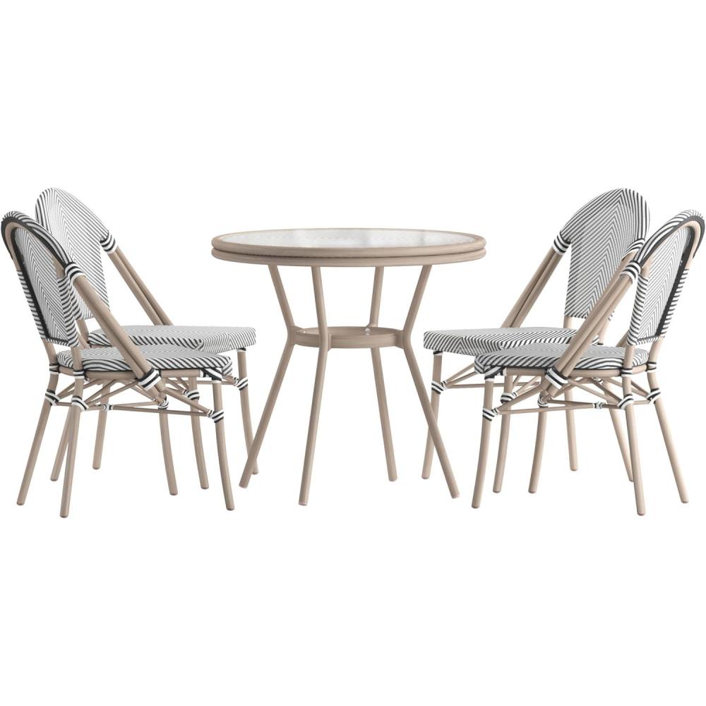 image:imageFlash Furniture Marseille IndoorOutdoor Commercial Bistro Set Tempered Glass Top Table 4 Chairs Textilene Lt NAT Bamboo Print Aluminum Frame BlkWhtBlack White TextileneLight Natural Frame