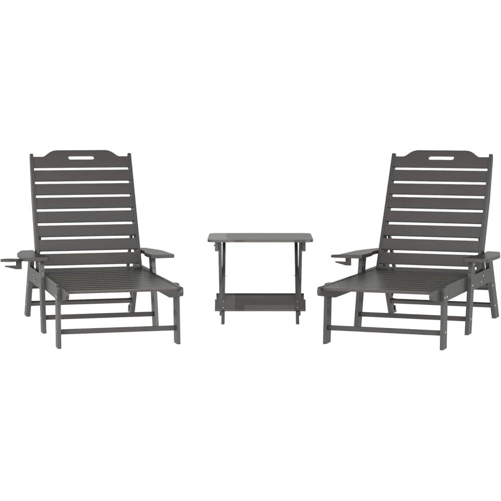 image:imageFlash Furniture Monterey Commercial 3Piece IndoorOutdoor Adirondack Set 2 Adjustable HDPE Loungers with Cup Holders Folding Side Table AllWeather Use BlackGrey